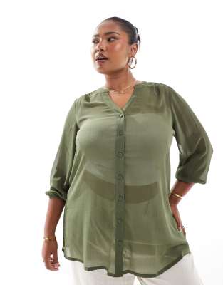 notch neck sheer crepe blouse in olive-Green