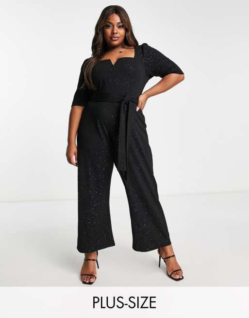 Yours Notch Neck Tie Waist Jumpsuit In Black Asos