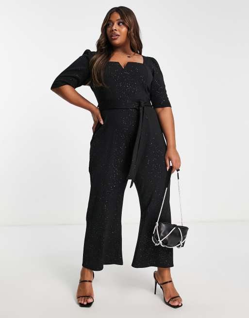 Yours notch neck tie waist jumpsuit in black