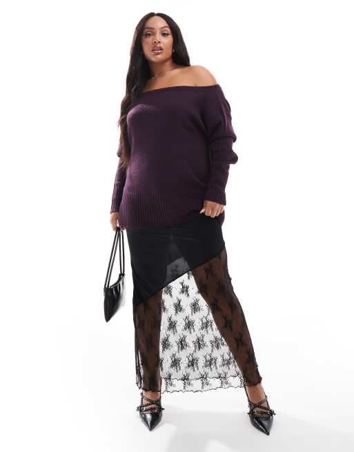 Yours off shoulder bardot jumper in burgundy ASOS