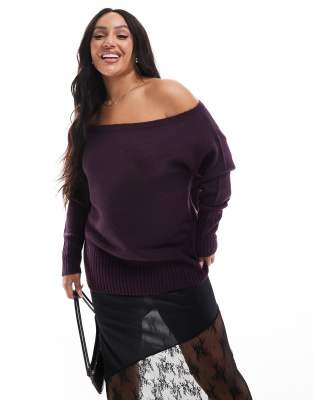 Yours Off Shoulder Bardot Sweater In Burgundy-multi