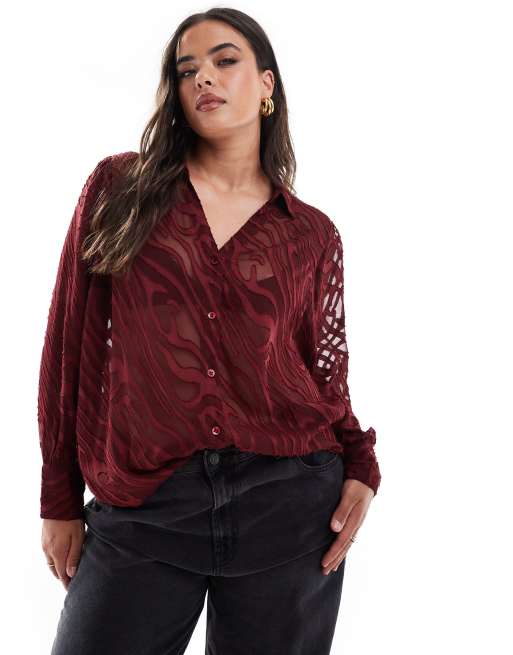 Yours - Okseblodsfarvet tynd skjorte med burnout-look