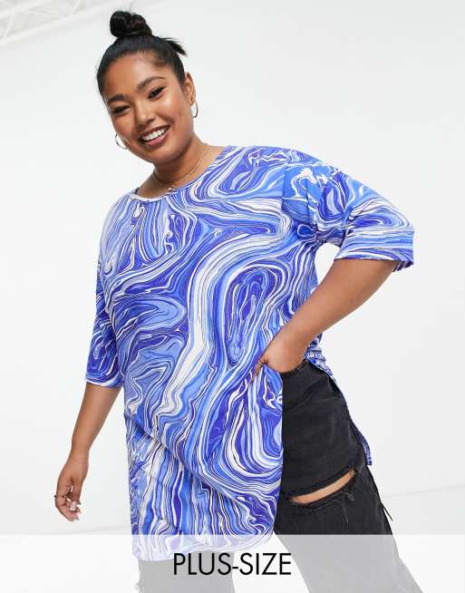 Yours – Oversize-T-Shirt in Blau mit Marmormuster