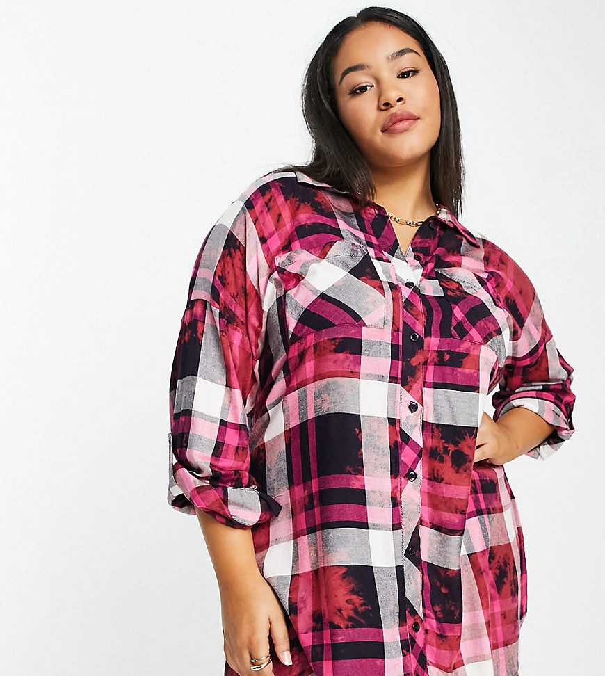 Yours oversized check shirt in bleachwash-Red