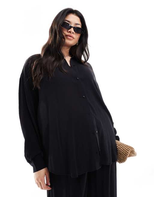 Yours - Oversized overhemd van kreukelstof in zwart, deel van co-ord set