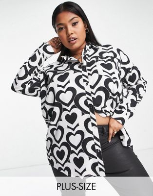 Yours oversized retro heart print  boyfriend shirt in black and white