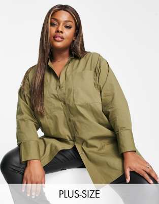 Tops by Yours Do the smart thing Spread collar Button placket Chest pockets Oversized fit
