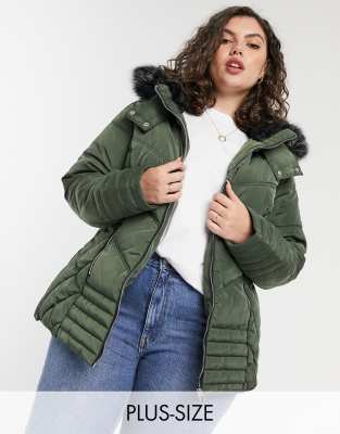 Yours padded jacket with faux fur trim hood in khaki-Green