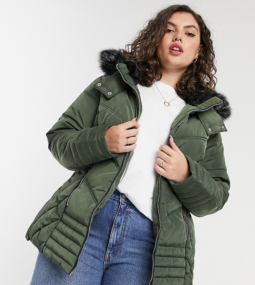 Yours padded jacket with faux fur trim hood in khaki-Green