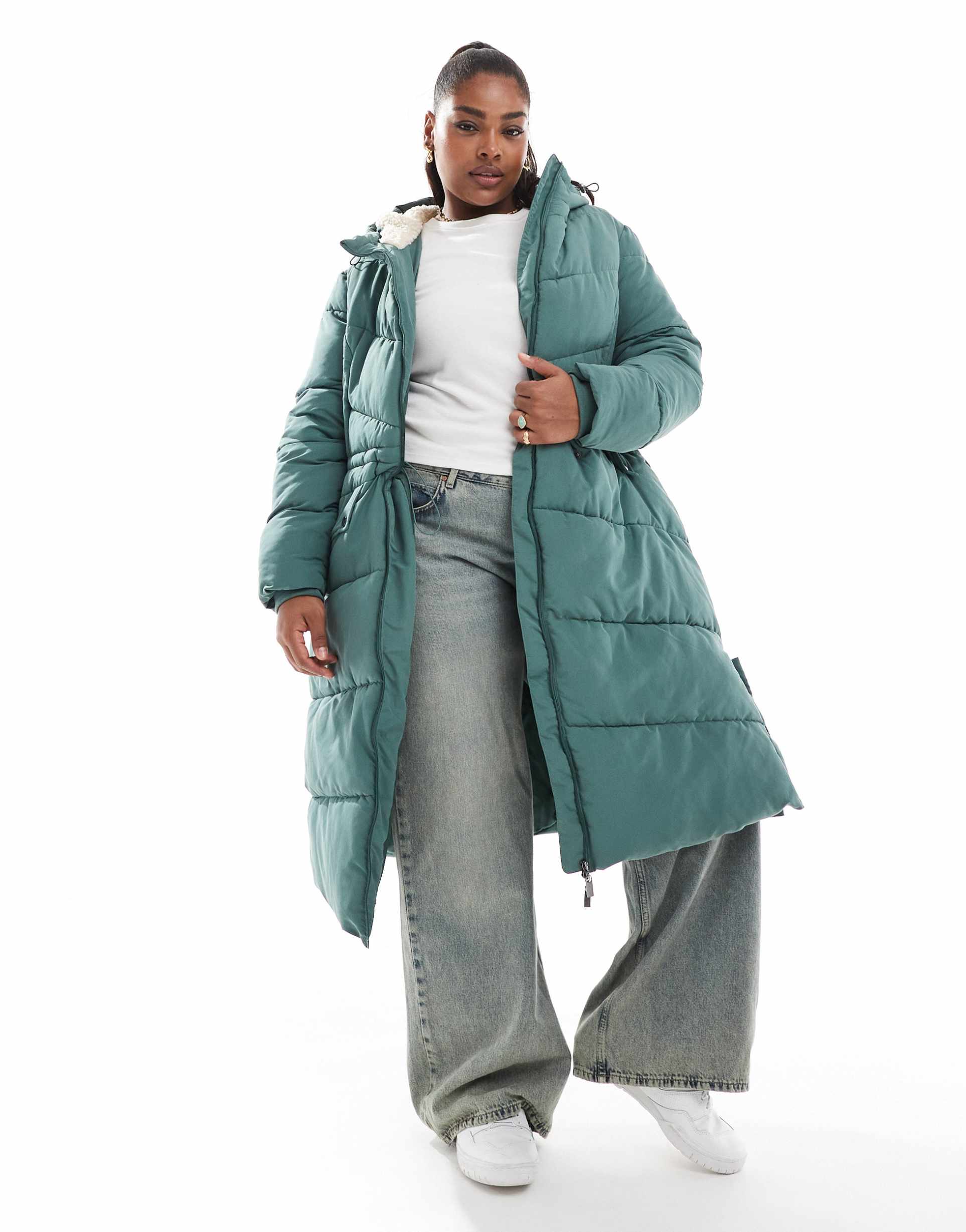 yours padded midi jacket with teddy lining in khaki