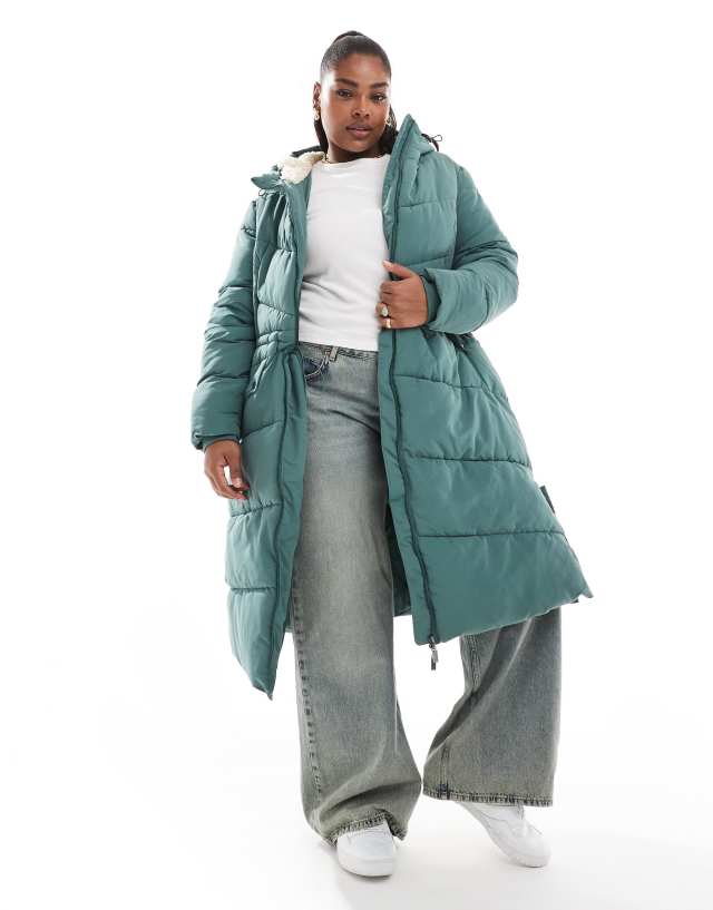 Yours padded midi jacket with teddy lining in khaki | ASOS