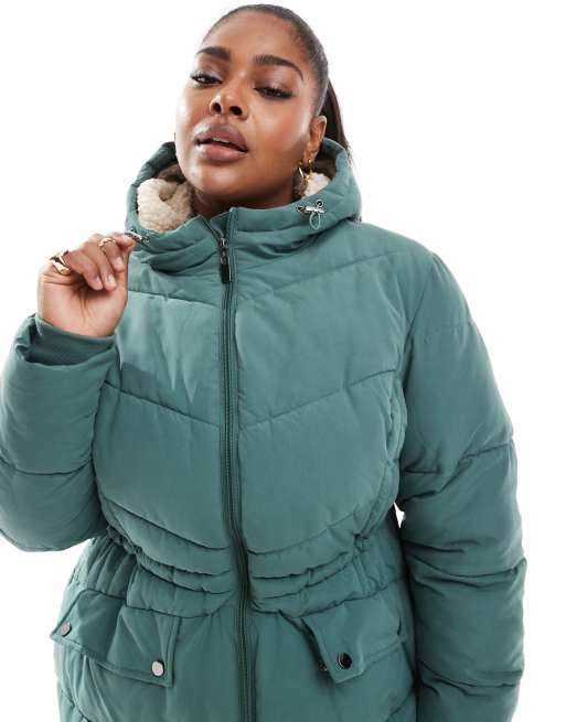 Yours padded midi jacket with teddy lining in khaki | ASOS