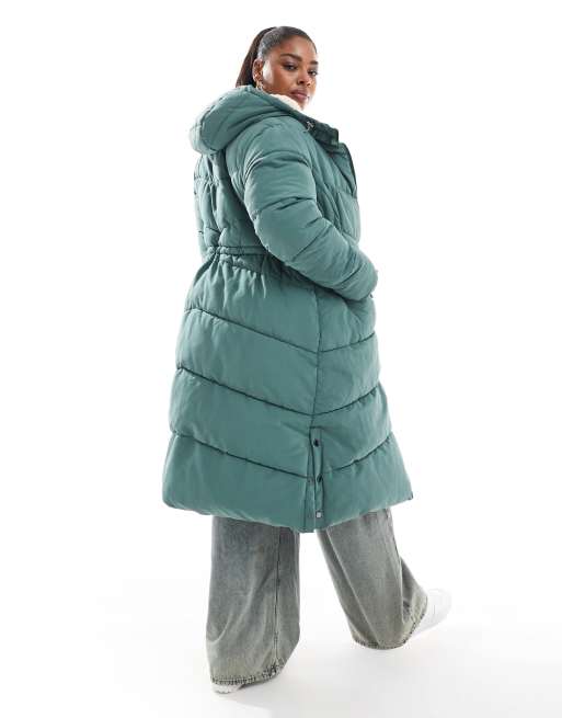 Yours padded midi jacket with teddy lining in khaki ASOS