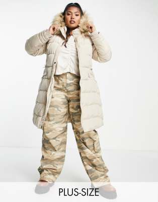 Yours panelled puffer coat with faux fur hood in neutral - ASOS Price Checker