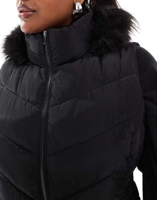 Yours parka gilet with faux fur hood in black