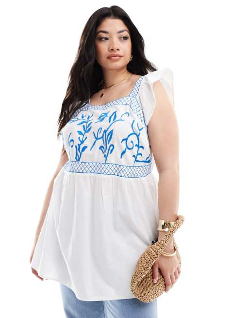 Yours - Peplum top met borduursels in blauw en wit