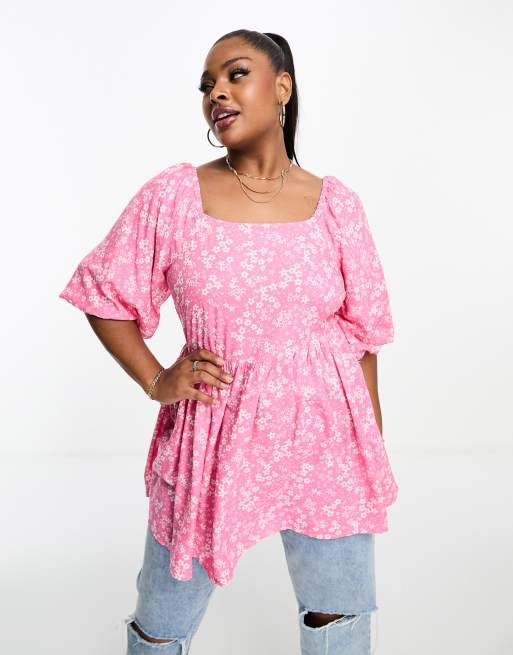 Yours - Peplum top met pofmouwen en gestrikte achterkant in roze met fijne bloemenprint 