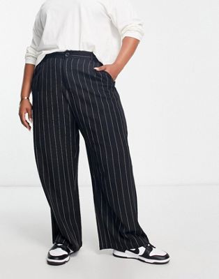 Yours pin stripe wide leg trouser in black