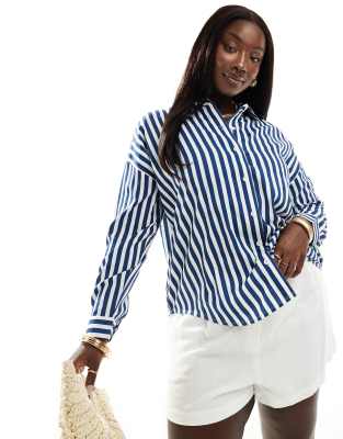Yours Yours pinstripe shirt in blue and white-Multi