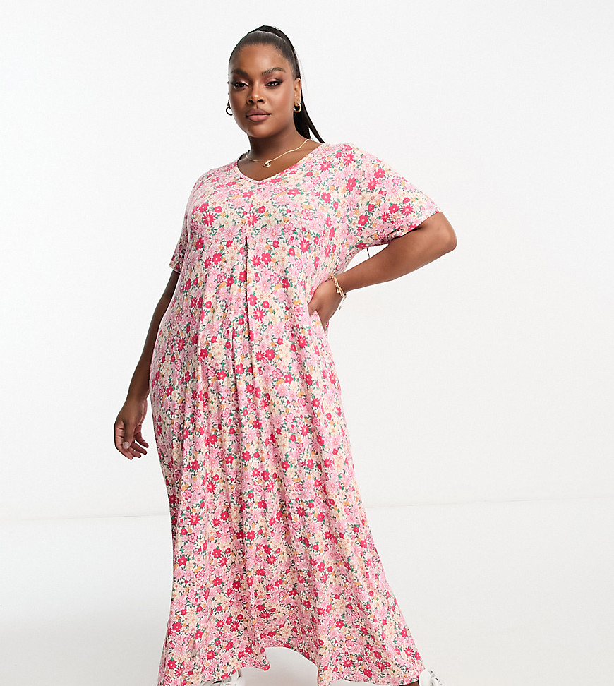 Yours pleat front maxi dress in pink floral