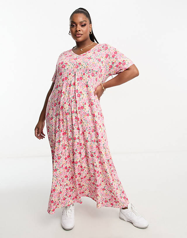 Yours - pleat front maxi dress in pink floral