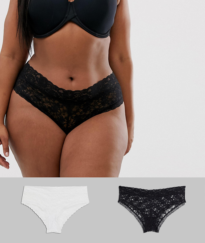 Yours Plus Size 2 pack lace brazilian brief in black and white-Multi
