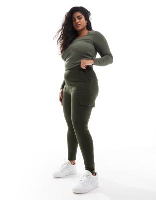 Yours - Ponte-Leggings in Khaki mit Cargotaschen-Grün