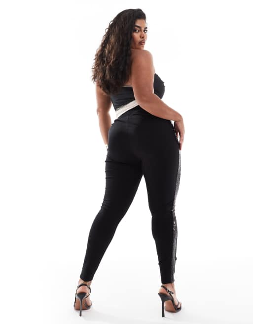 Yours ponte sequin side stripe leggings in black ASOS