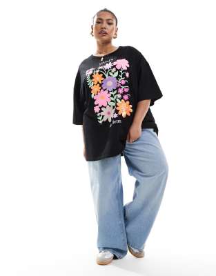 Yours Yours printed boxy t-shirt in black with floral graphic-Multi