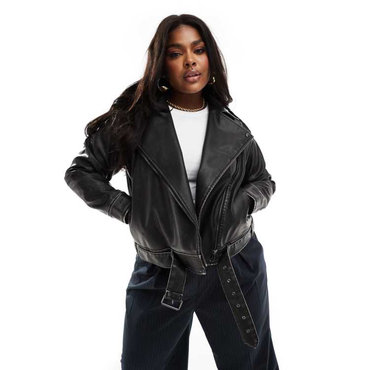 Yours PU biker jacket in charcoal