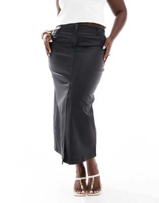 Yours Pu Midaxi Skirt With Front Split In Black