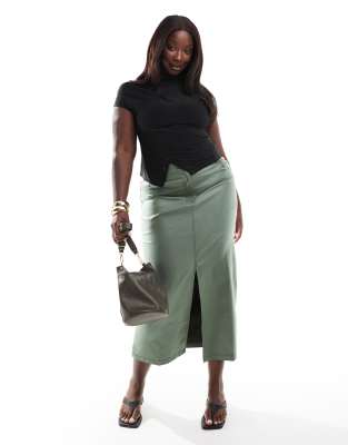 PU midaxi skirt with front split in khaki-Green