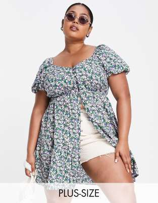 Yours puff sleeve button through blouse in blue floral