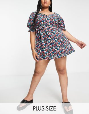 Yours Yours puff sleeve dress with tie back in blue floral-Black