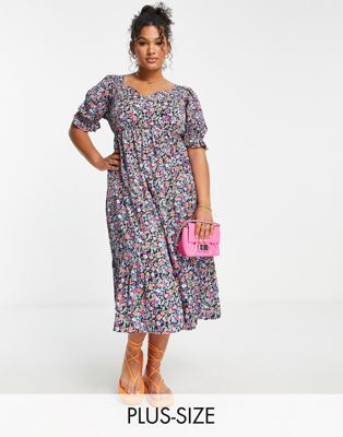 Yours puff sleeve midi dress in black floral