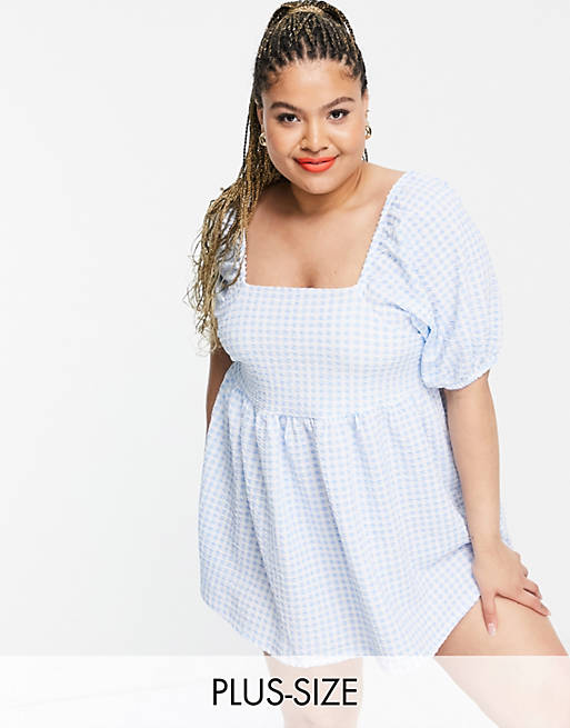 Dresses Yours puff sleeve mini dress in blue gingham 