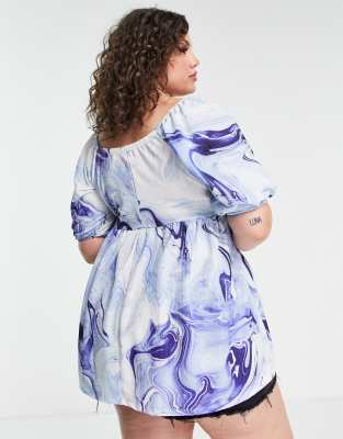 Yours puff sleeve peplum top in blue marble print