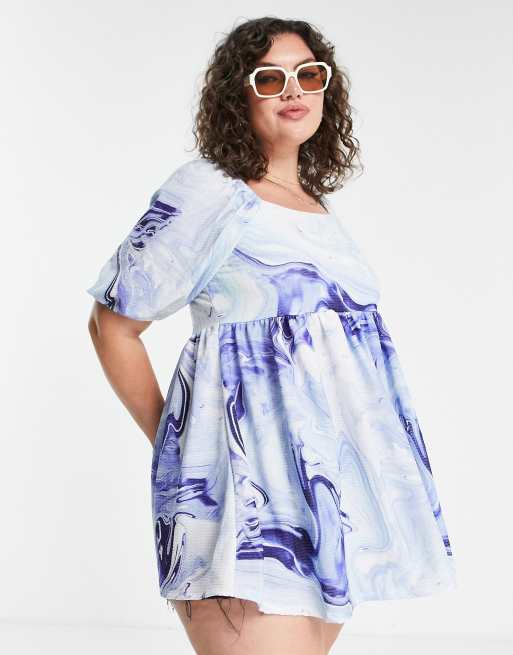 Yours puff sleeve peplum top in blue marble print