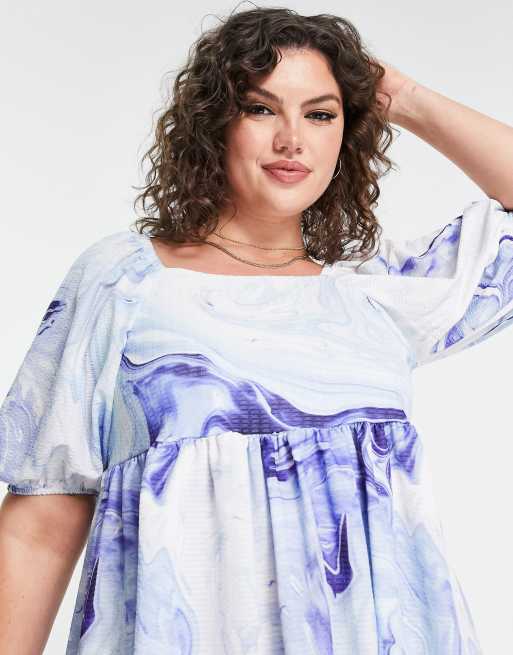 Yours puff sleeve peplum top in blue marble print | ASOS