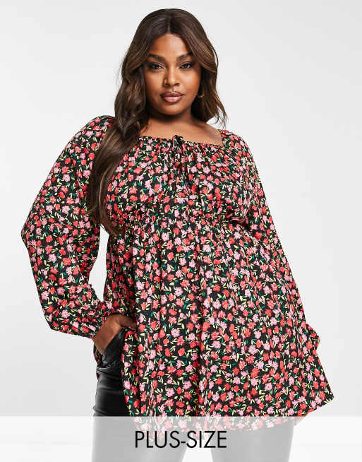Yours puff sleeve tie front blouse in pink floral