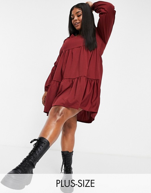 Yours Exclusive puff sleeve tiered mini dress in wine