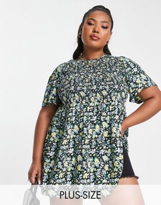 Yours puff sleeve tiered smock top in green floral