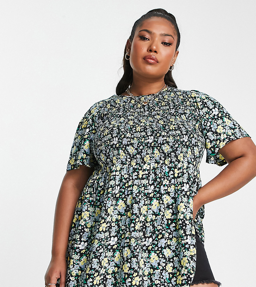 Yours Puff Sleeve Tiered Smock Top In Green Floral