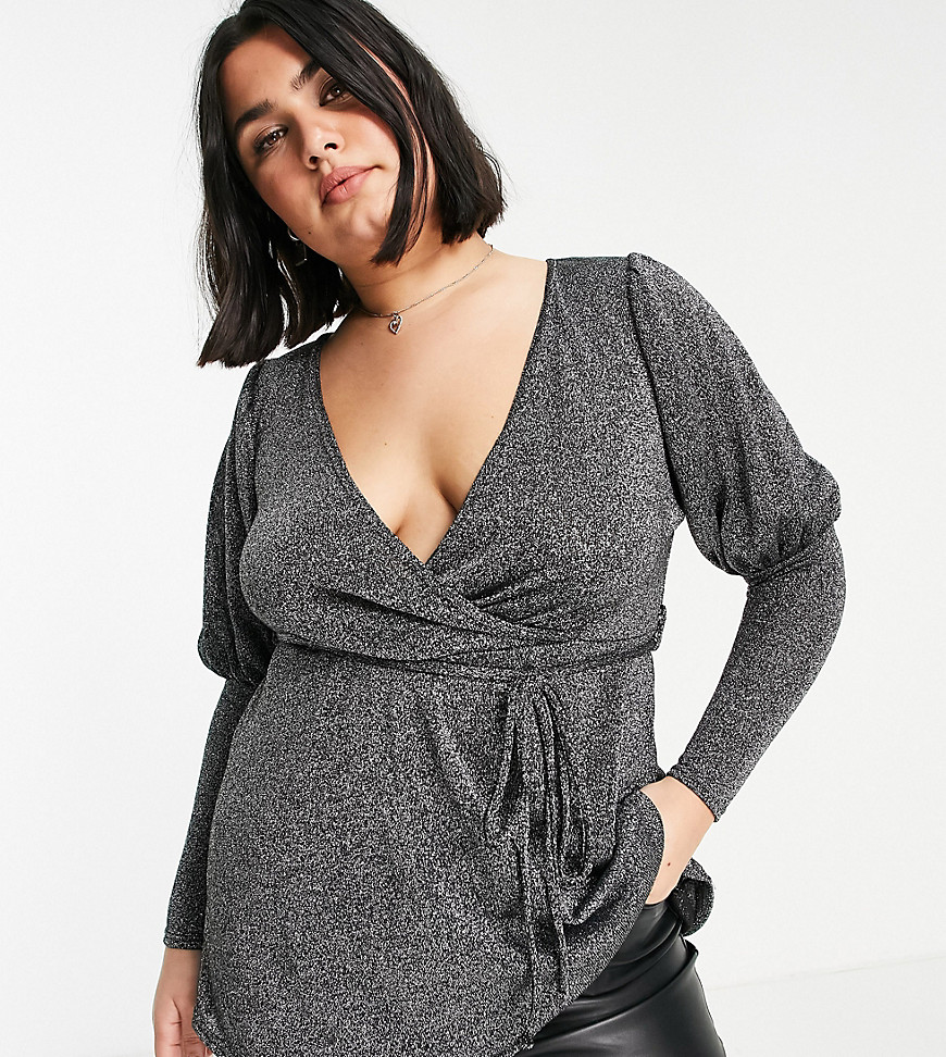 Plus-size top by Yours Your new go-to Glitter embellishment Wrap front Puff shoulders Tie waist Regular fit