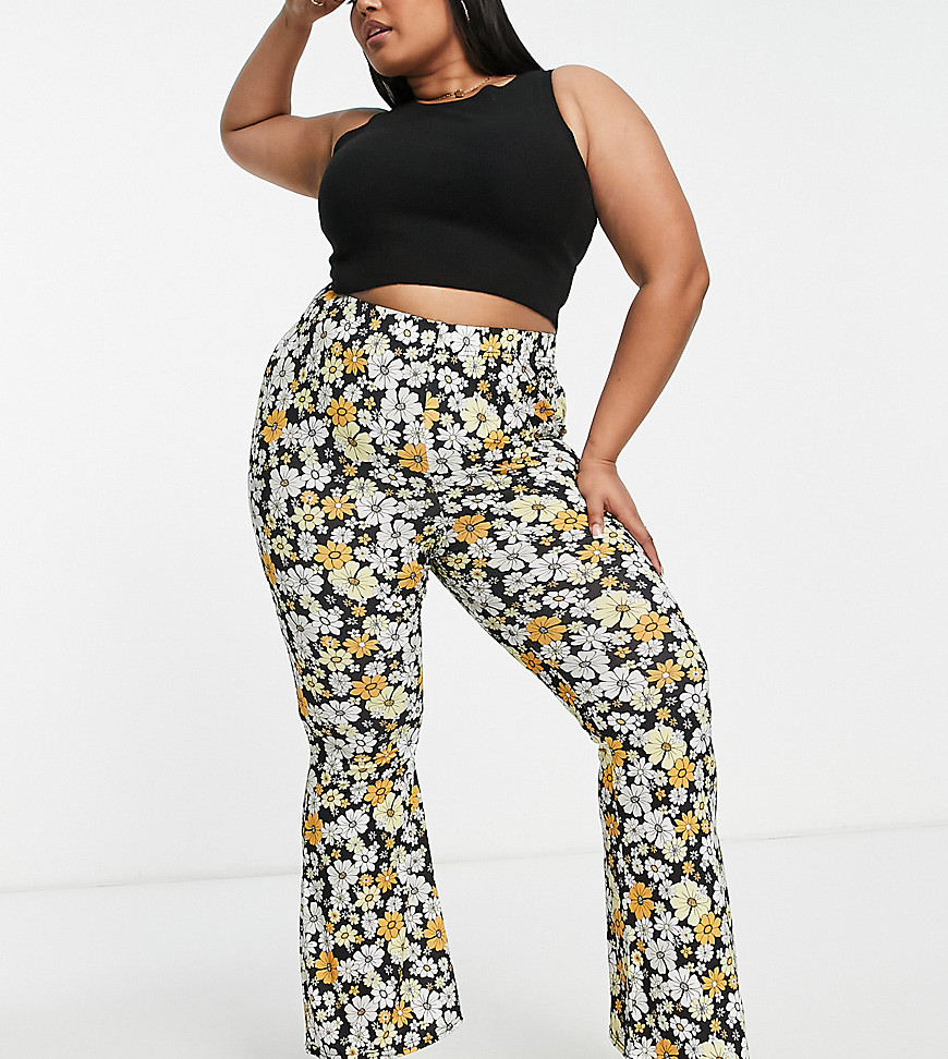 Yours Retro Floral Flared Pants In Black