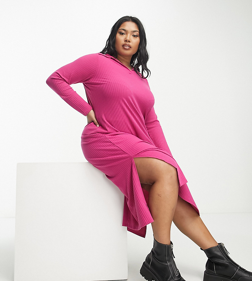 Yours Ribbed Collared Midi Dress In Bright Pink