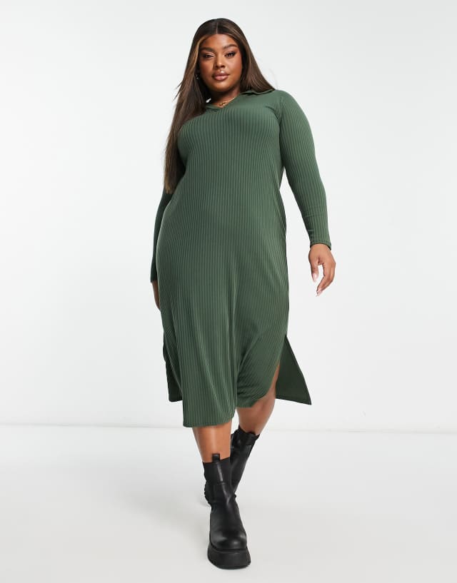 Yours ribbed collared midi dress in khaki