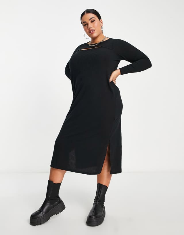 Yours ribbed cut out midi dress in black