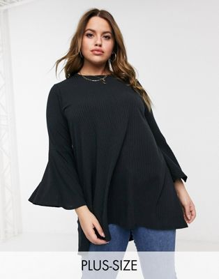 Yours ribbed flare sleeve top in black | ASOS