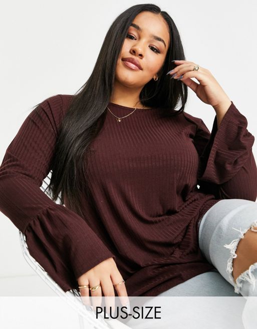 Yours ribbed flare sleeve top in dark cherry | ASOS
